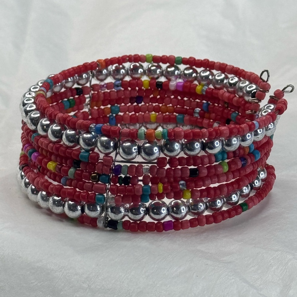 Red and Silver Accents Adjustable Open Beaded Cuff Bracelet